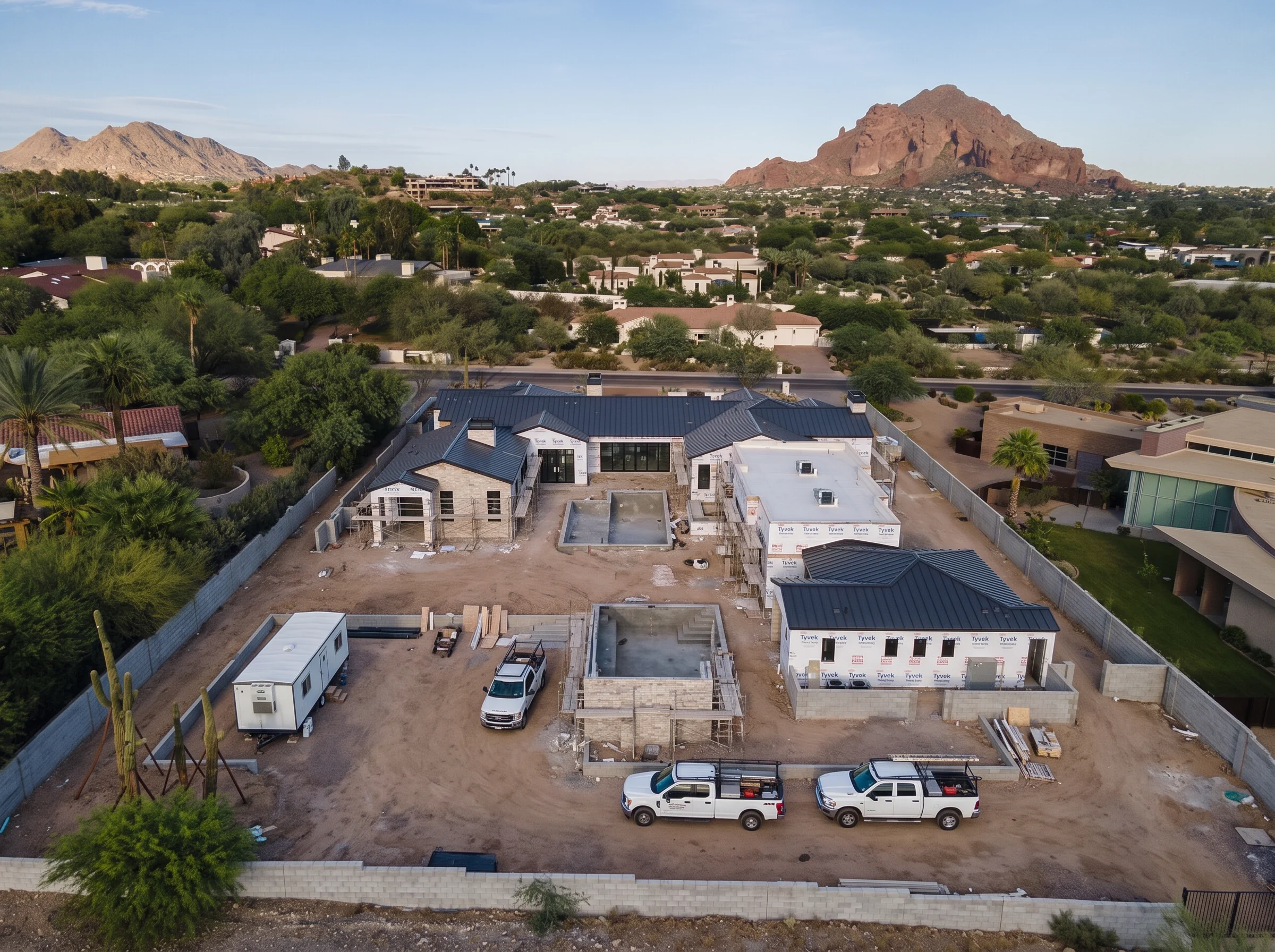 Custom home dried-in with metal roof and stone veneer — illustrative rendering