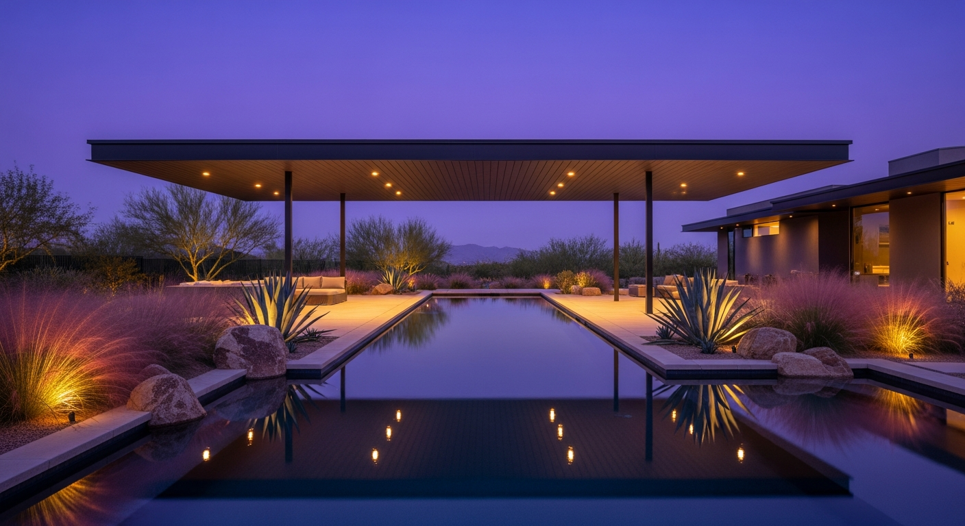 Luxury desert contemporary backyard infinity pool at dusk with native landscaping — estate built by Asher Management Group, Scottsdale Arizona