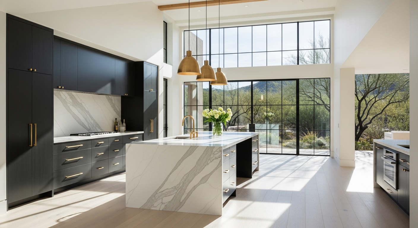 Ultra-luxury open concept kitchen with dark cabinetry, marble island, and desert garden views — custom home by Asher Management Group, Paradise Valley AZ
